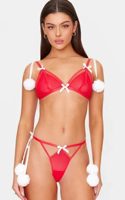 PrettyLittleThing Christmas Shop*Mesh Christmas Pom Pom Lingerie Set