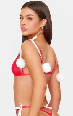 PrettyLittleThing Christmas Shop*Mesh Christmas Pom Pom Lingerie Set