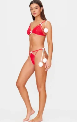 PrettyLittleThing Christmas Shop*Mesh Christmas Pom Pom Lingerie Set