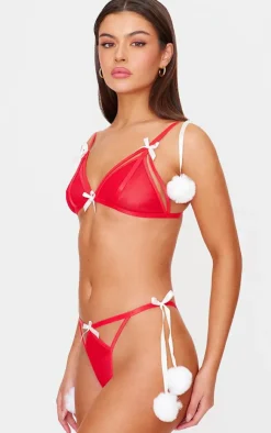 PrettyLittleThing Christmas Shop*Mesh Christmas Pom Pom Lingerie Set