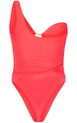 Red One Shoulder Heart Trim Cut Out Swimsuit