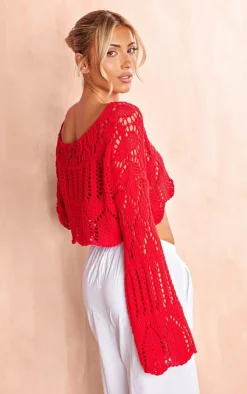 PrettyLittleThing Sweaters*Open Crochet Knit Slouchy Fla Sleeve Sweater