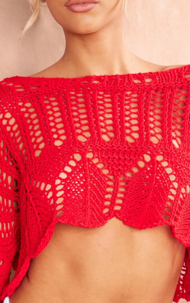 PrettyLittleThing Sweaters*Open Crochet Knit Slouchy Fla Sleeve Sweater