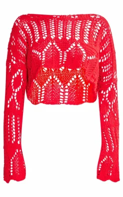 PrettyLittleThing Sweaters*Open Crochet Knit Slouchy Fla Sleeve Sweater