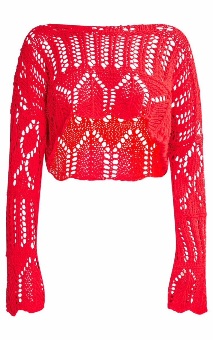 PrettyLittleThing Sweaters*Open Crochet Knit Slouchy Fla Sleeve Sweater