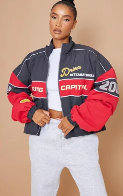 PrettyLittleThing Bomber Jackets*Oversized Graphic Zipped Racer Bomber Jacket
