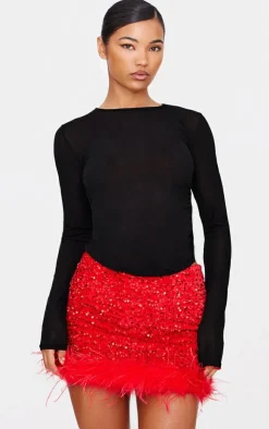Premium Velvet Sequin Feather Hem Mini Skirt-PrettyLittleThing Sale