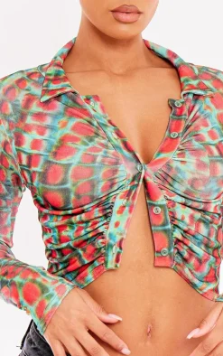 PrettyLittleThing Shirts*Printed Acetate Slinky Ruched Front Shirt