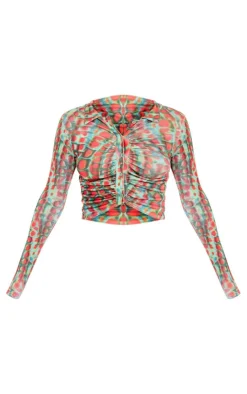 PrettyLittleThing Shirts*Printed Acetate Slinky Ruched Front Shirt