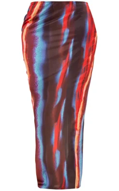 Red Printed Satin Low Rise Maxi Skirt