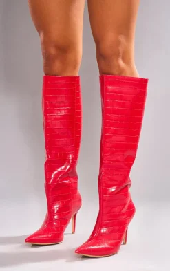 PrettyLittleThing Knee High Boots*PU Croc Point Toe Stiletto Heeled Knee High Boots