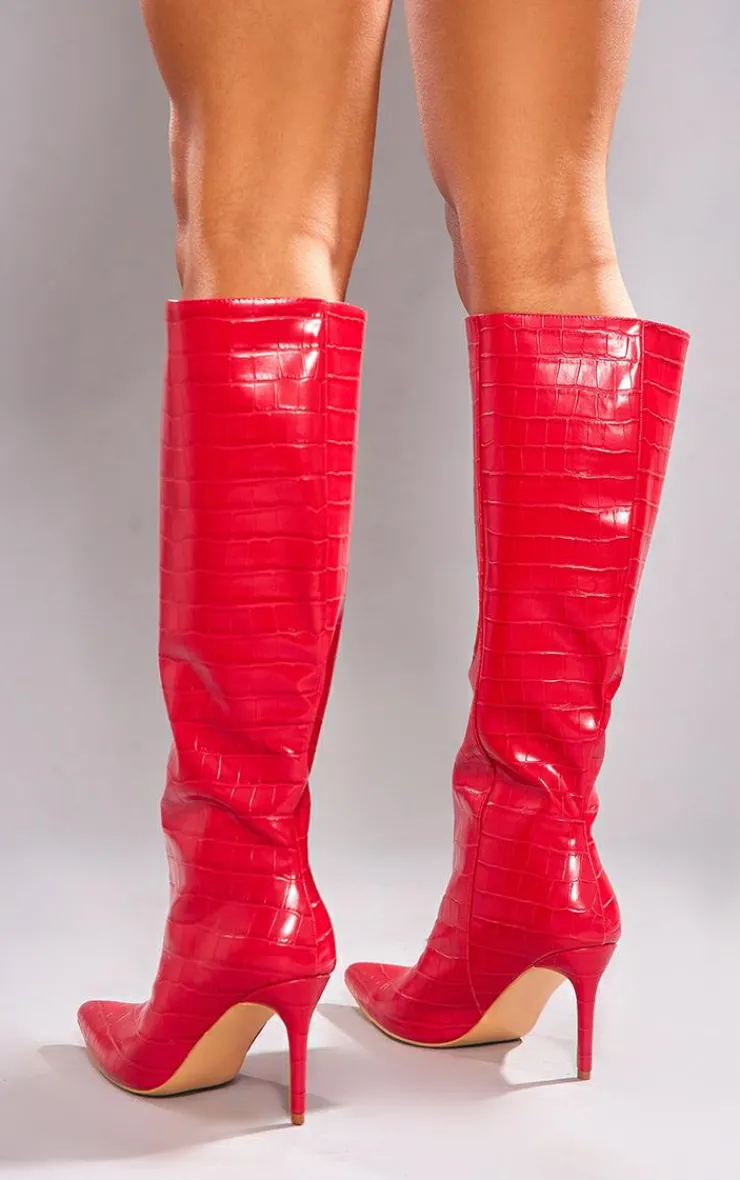 PrettyLittleThing Knee High Boots*PU Croc Point Toe Stiletto Heeled Knee High Boots