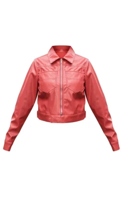 Red PU Pocket Detail Casual Jacket