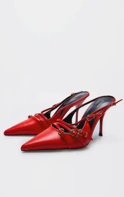 PrettyLittleThing Low Heels*Pu Point Toe Multi Buckle Low Heeled Court Shoes