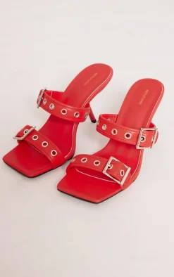 PrettyLittleThing Mules*Pu Square Toe Double Buckle Mid Heeled Mules