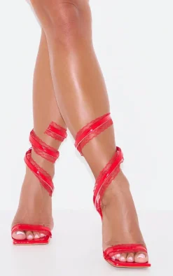 PrettyLittleThing Heeled Sandals*PU Square Toe Lace Trim Spiral Strap Heeled Sandals