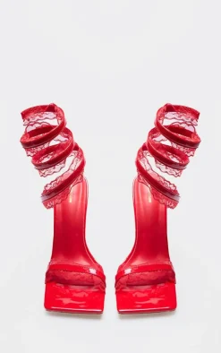 PrettyLittleThing Heeled Sandals*PU Square Toe Lace Trim Spiral Strap Heeled Sandals