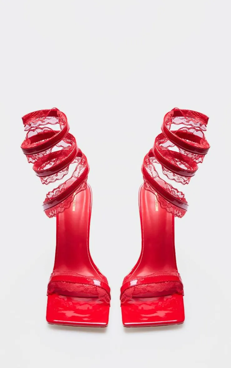 PrettyLittleThing Heeled Sandals*PU Square Toe Lace Trim Spiral Strap Heeled Sandals