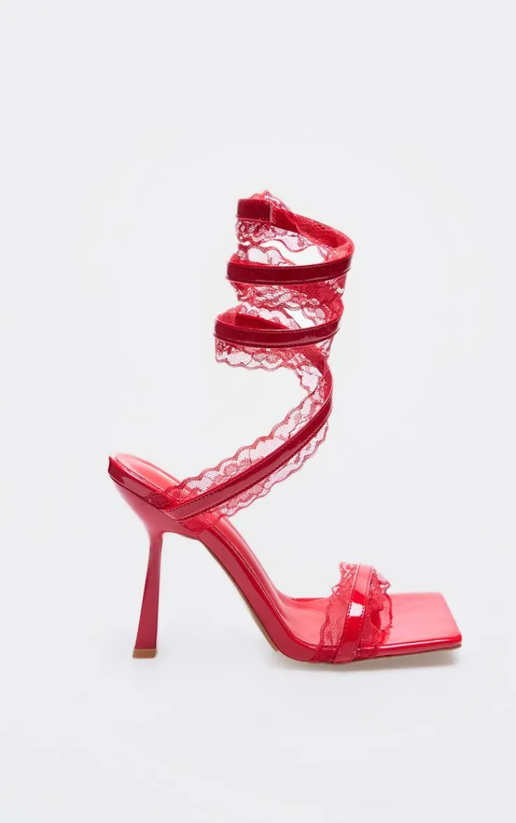 PrettyLittleThing Heeled Sandals*PU Square Toe Lace Trim Spiral Strap Heeled Sandals