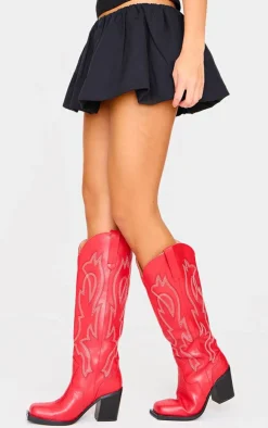 PrettyLittleThing Statement Heels*PU Square Toe Stitch Detail Knee High Block Heel Western Boots