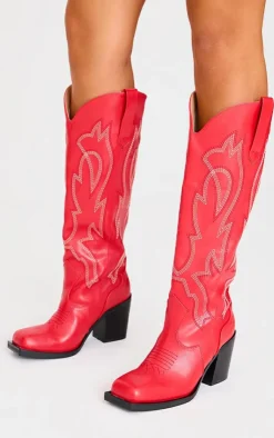 PrettyLittleThing Statement Heels*PU Square Toe Stitch Detail Knee High Block Heel Western Boots