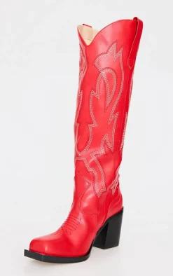 PrettyLittleThing Statement Heels*PU Square Toe Stitch Detail Knee High Block Heel Western Boots