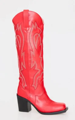 PrettyLittleThing Statement Heels*PU Square Toe Stitch Detail Knee High Block Heel Western Boots