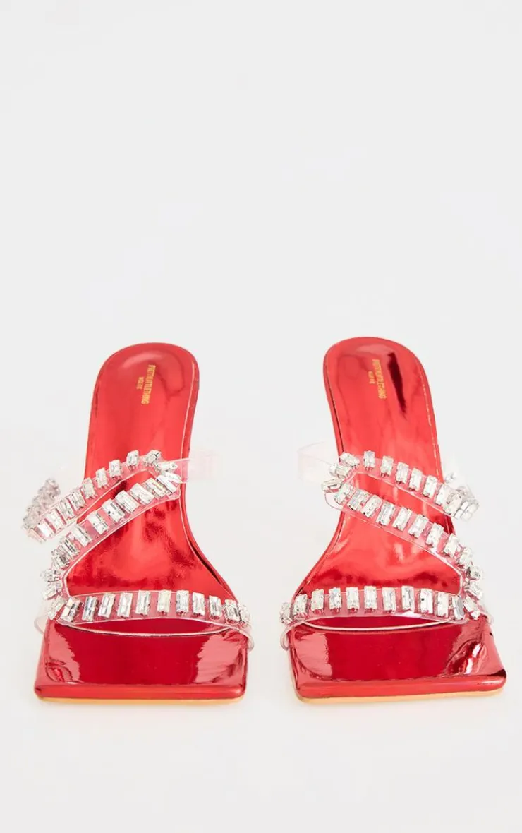 PrettyLittleThing Mules*PU Wide Fit Metallic Square Toe Diamante Strap Heeled Mules