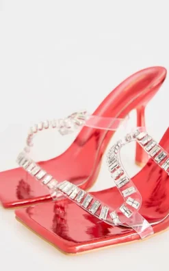 PrettyLittleThing Mules*PU Wide Fit Metallic Square Toe Diamante Strap Heeled Mules