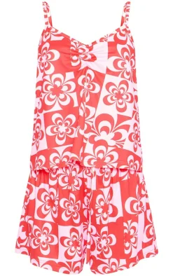 Red Retro Floral Cami And Short Pajama Set