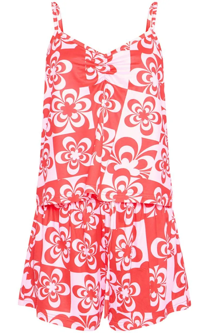 Red Retro Floral Cami And Short Pajama Set