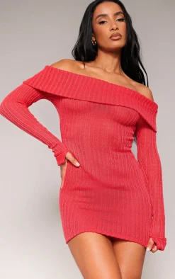Rib Fold Over Bardot Bodycon Dress-PrettyLittleThing Clearance