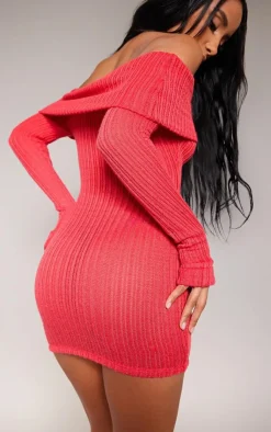 Rib Fold Over Bardot Bodycon Dress-PrettyLittleThing Clearance