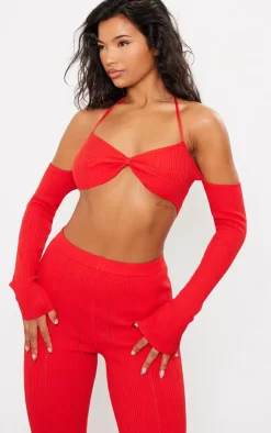 Discount PrettyLittleThing Rib Knit Bardot Tie Neck Top Red
