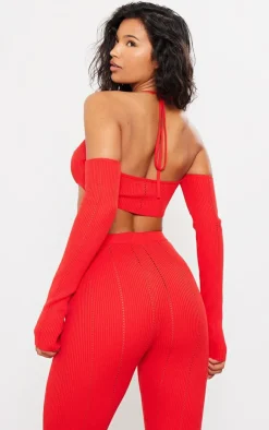 Discount PrettyLittleThing Rib Knit Bardot Tie Neck Top Red