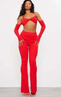 Discount PrettyLittleThing Rib Knit Bardot Tie Neck Top Red