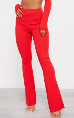 Discount PrettyLittleThing Rib Knit Fla Pants Red