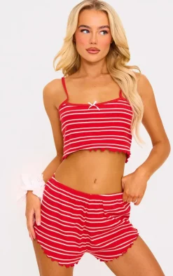 PrettyLittleThing Christmas Shop*Ribbed Stripe Lettuce Hem Cami And Short PJ Set