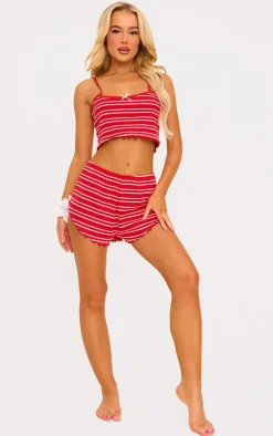 PrettyLittleThing Christmas Shop*Ribbed Stripe Lettuce Hem Cami And Short PJ Set
