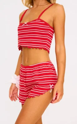 PrettyLittleThing Christmas Shop*Ribbed Stripe Lettuce Hem Cami And Short PJ Set