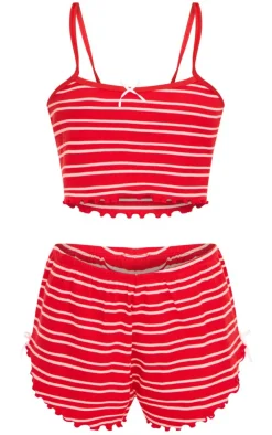PrettyLittleThing Christmas Shop*Ribbed Stripe Lettuce Hem Cami And Short PJ Set