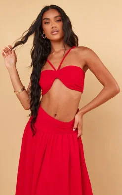 Best PrettyLittleThing Ruched Front Halterneck Bralette Red