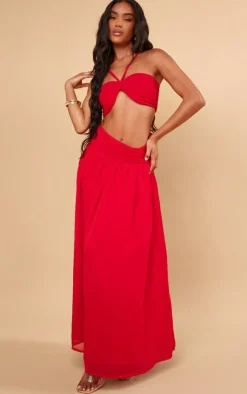 New PrettyLittleThing Ruched Waist Maxi Skirt Red