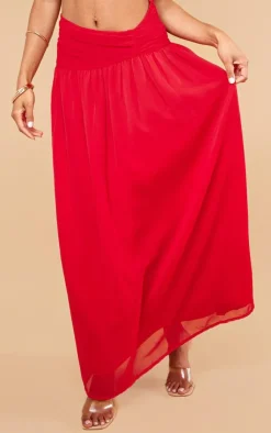New PrettyLittleThing Ruched Waist Maxi Skirt Red