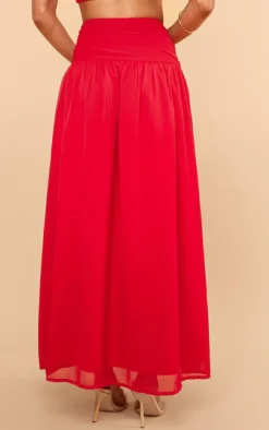 New PrettyLittleThing Ruched Waist Maxi Skirt Red