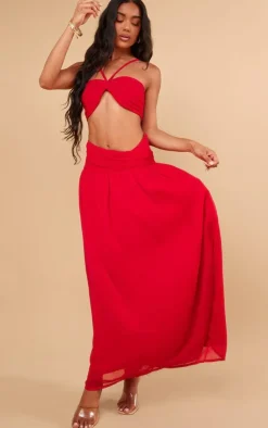 New PrettyLittleThing Ruched Waist Maxi Skirt Red