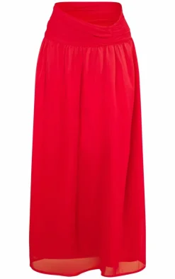 New PrettyLittleThing Ruched Waist Maxi Skirt Red