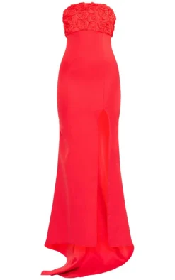 Satin Bandeau Rose Detail Split Leg Maxi Dress-PrettyLittleThing Discount