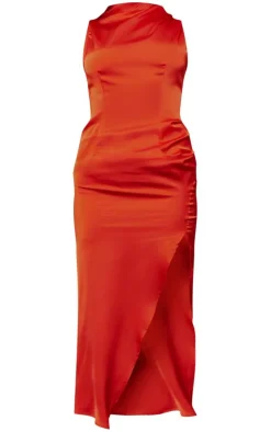 Satin High Neck Ruched Back Detail Midi Dress-PrettyLittleThing New
