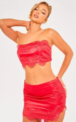 Best PrettyLittleThing Satin Lace Trim Detail Low Rise Micro Mini Skirt Red